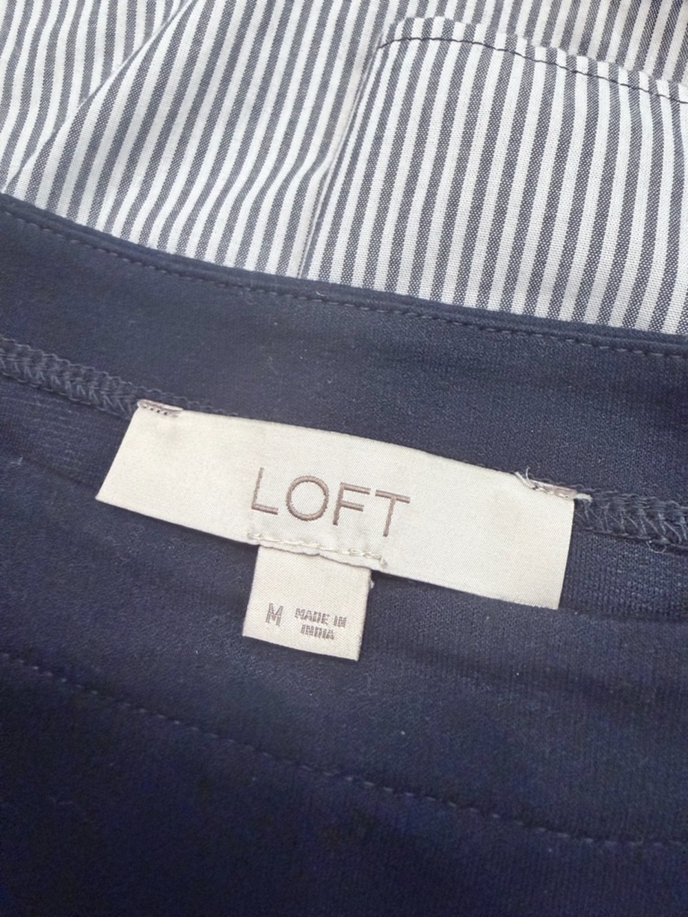 LOFT Navy Long-Sleeve Mixed-Media Top with Striped Hem